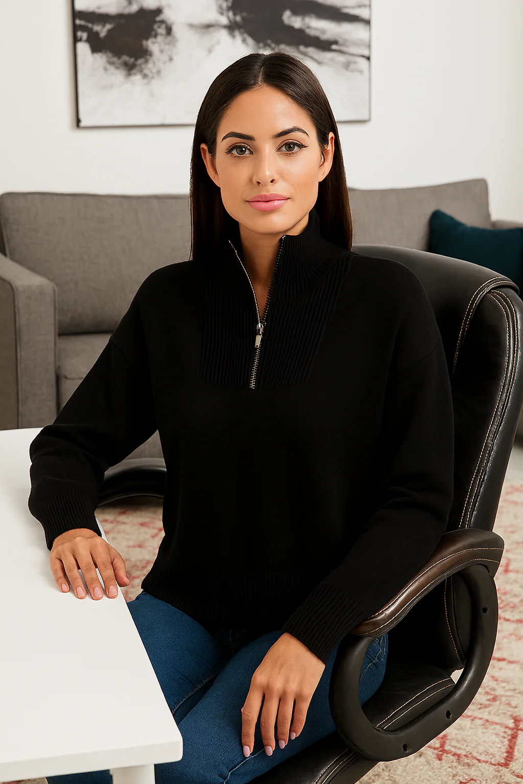 Women Black Acrylic Solid Zip-Front Sweater - Image 4