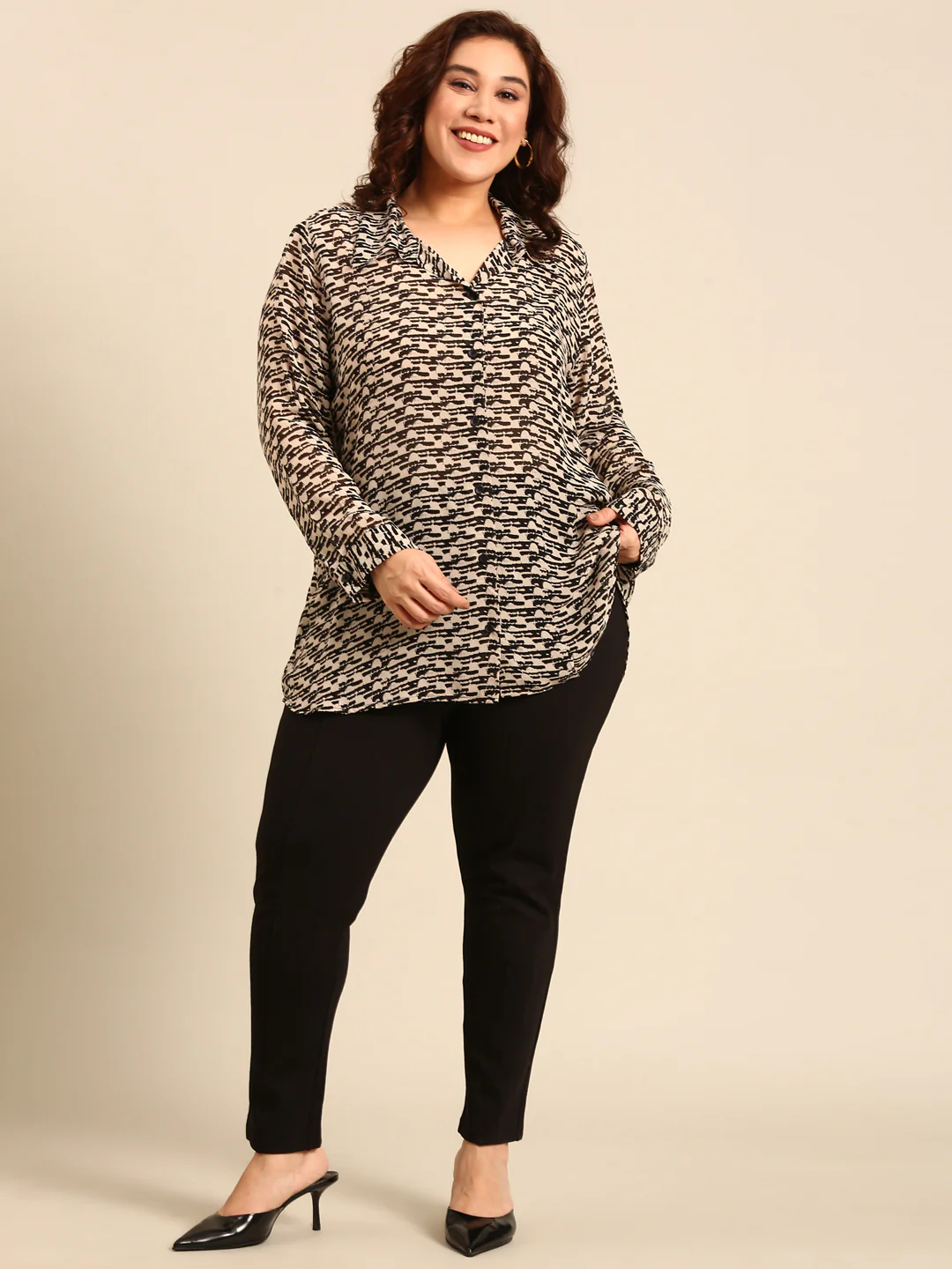 Women Black Beige Printed Shirt - Image 7