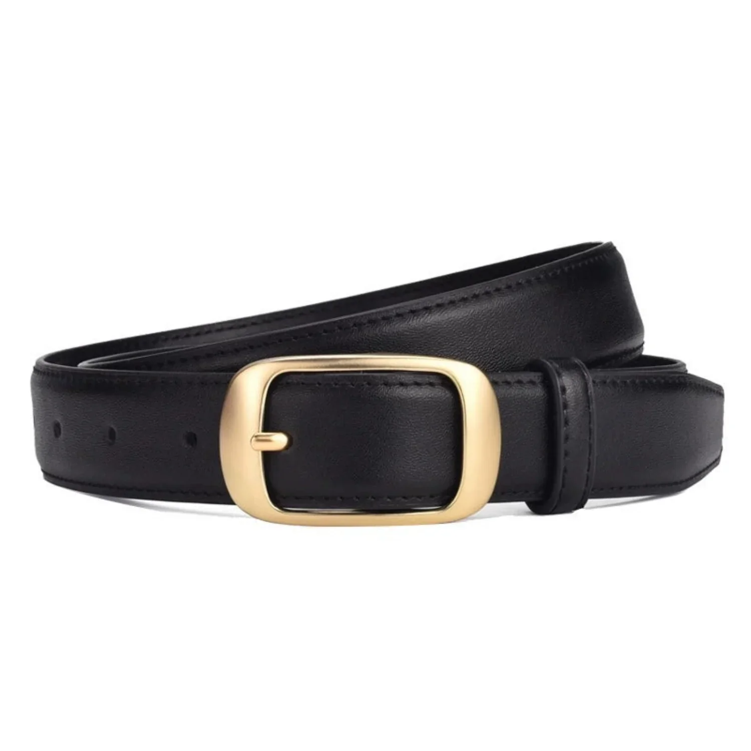 Women Black Black Leather Gold Buckle Belt