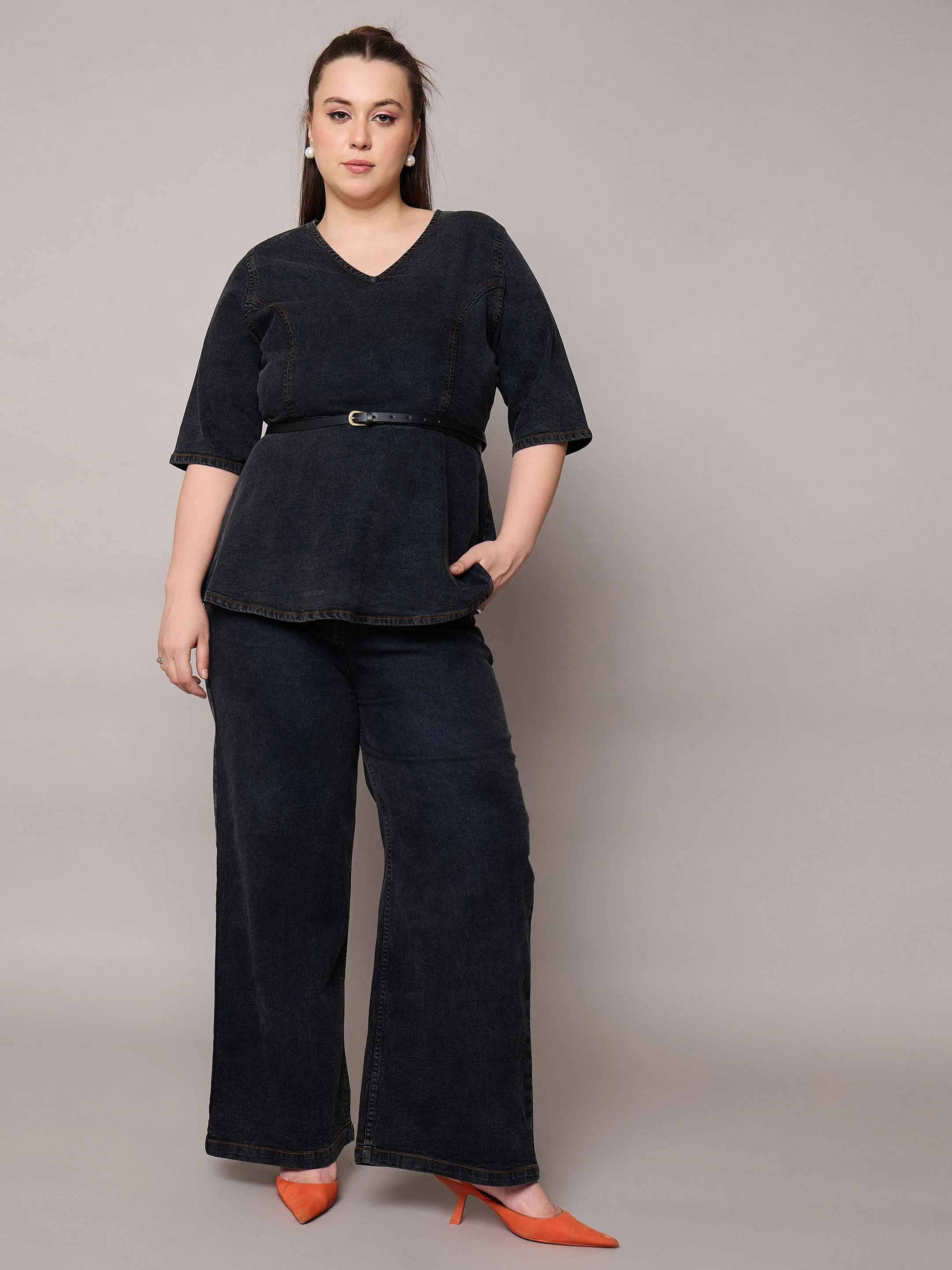 Women Black Blast Denim Peplum Top With Jeans