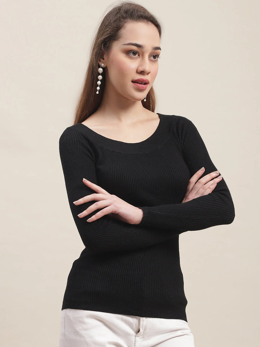 Women Black Boat Neck Top - Image 2