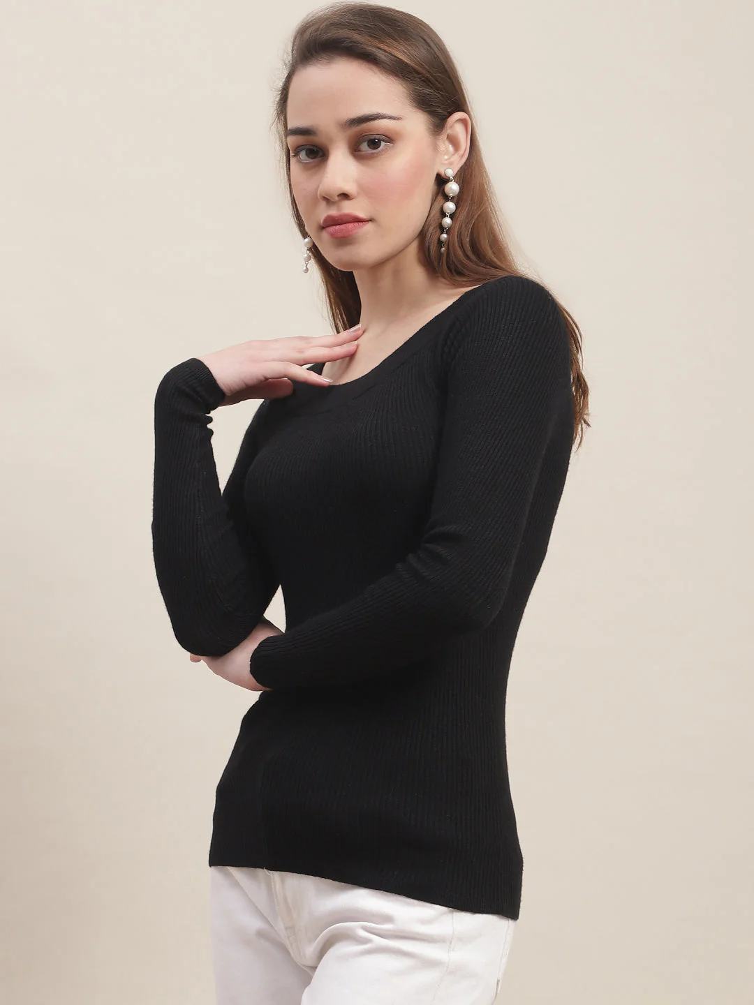 Women Black Boat Neck Top - Image 3