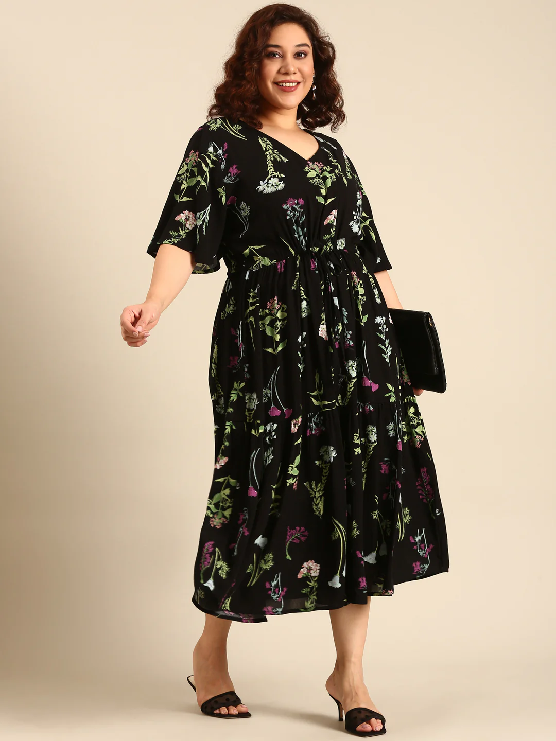Women Black Botanical Printed Dress with Waist Tie - Image 7