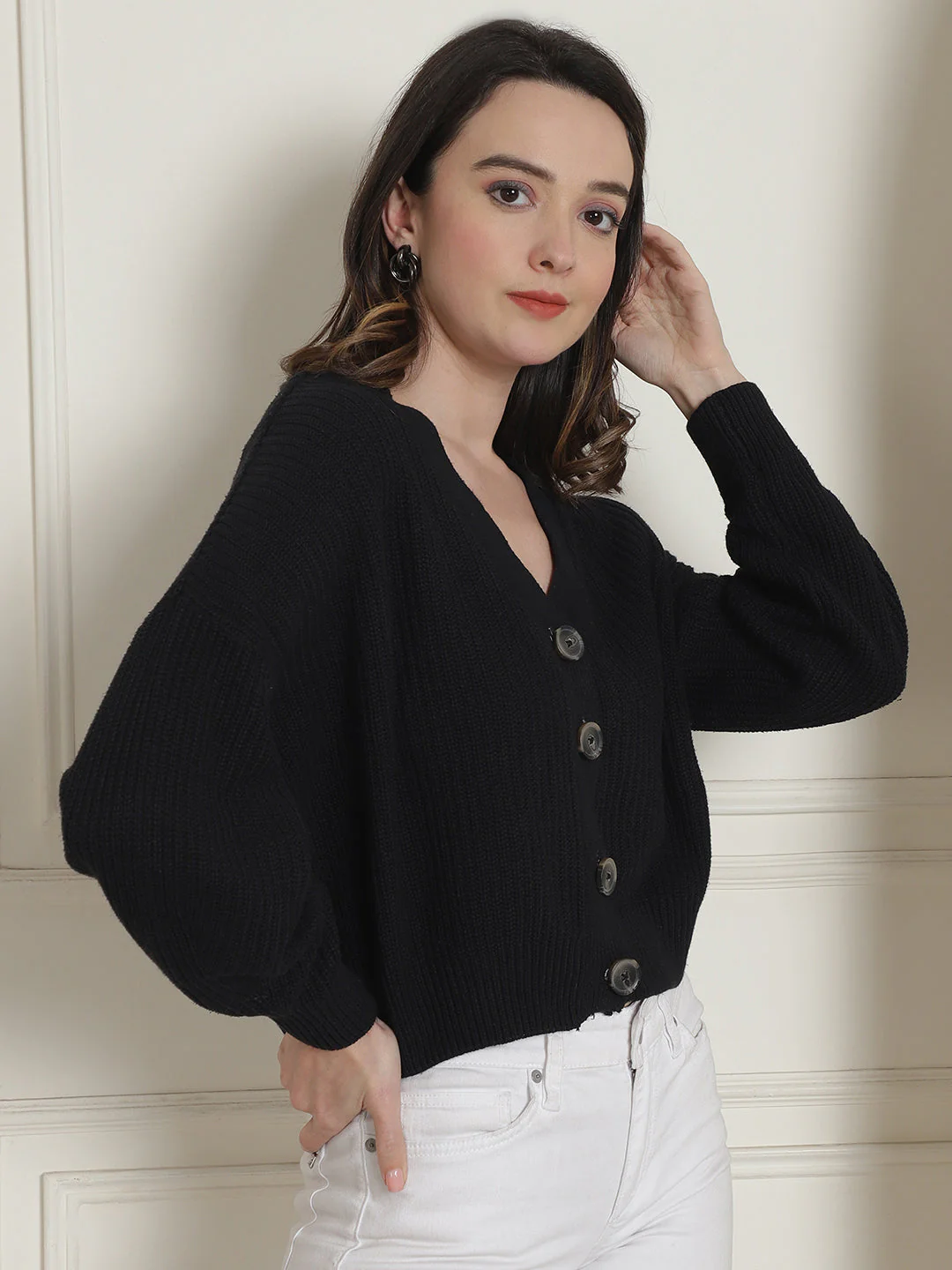 Women Black Button Down Cardigan - Image 4