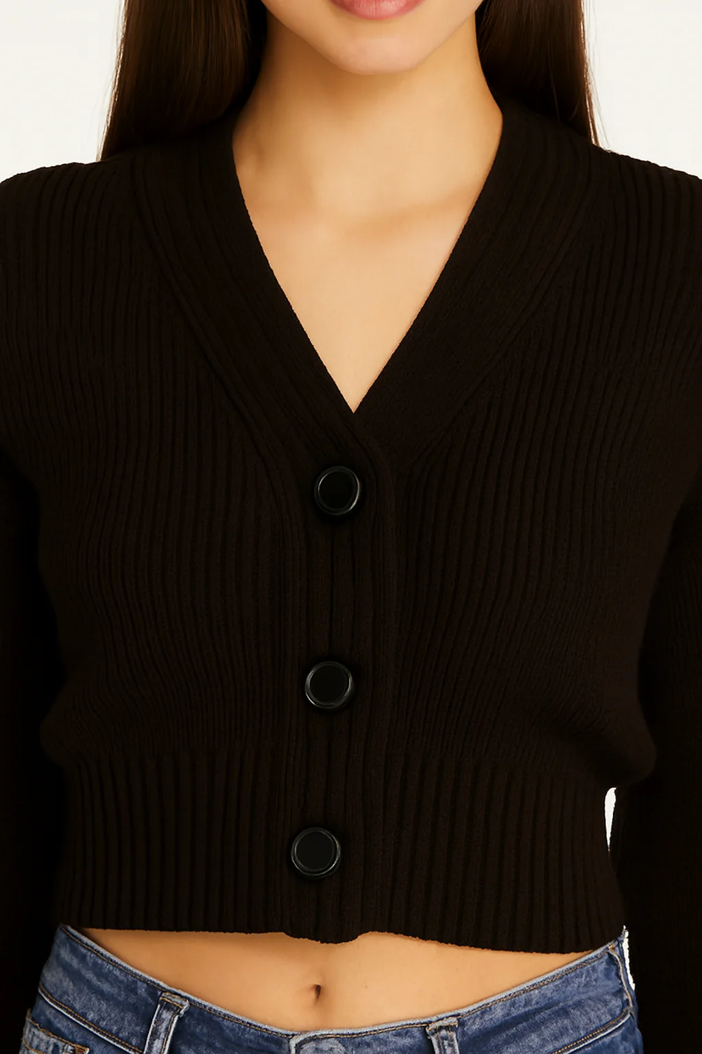 Women Black Button-Down Crop Cardigan - Image 3