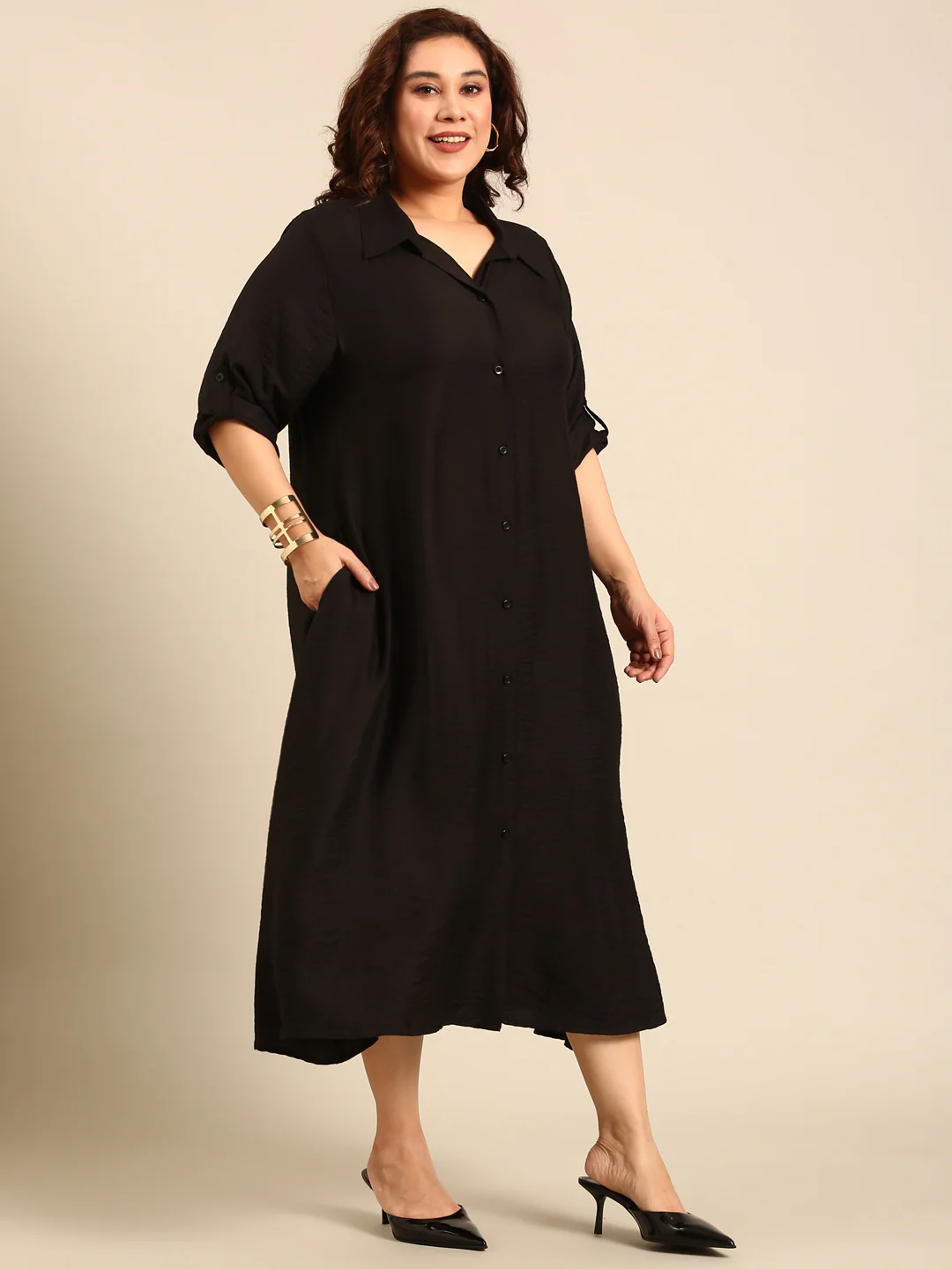 Women Black Button-Down Shirt Dress - Image 3