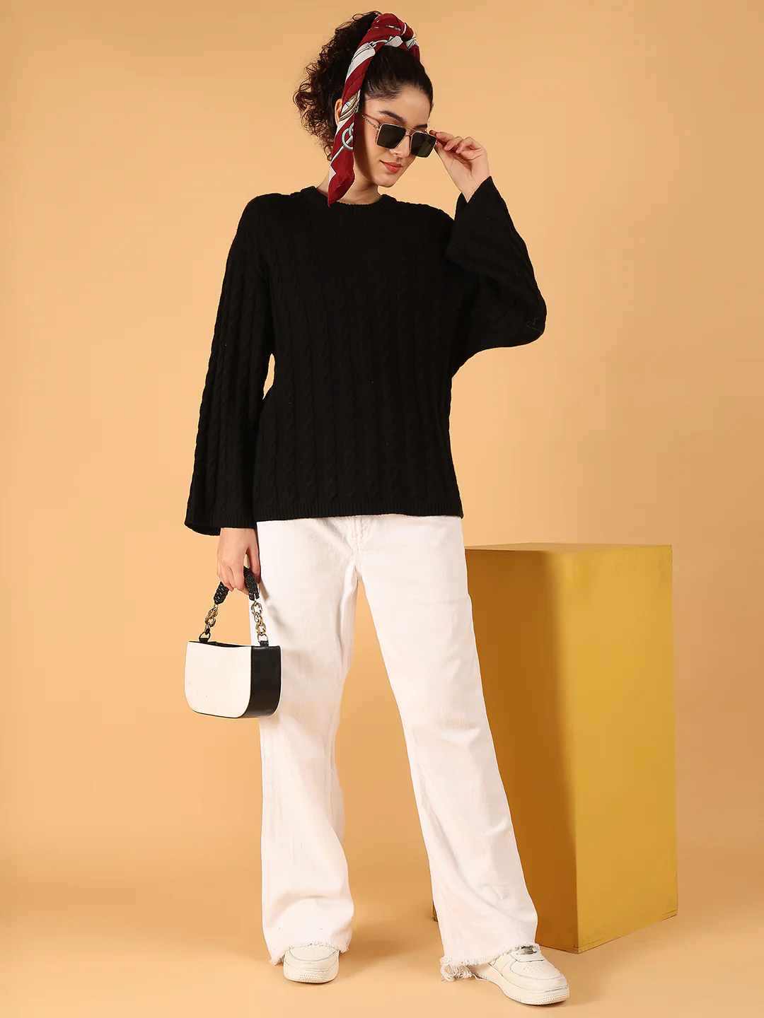 Women Black Cable Knit Baggy Style Sweater - Image 3