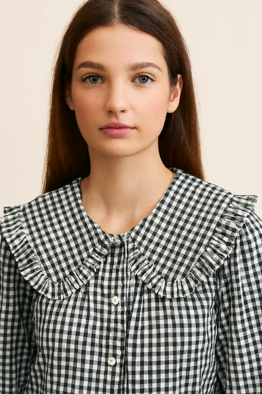 Women Black Cotton Gingham Frill Collar Shirt - Image 3