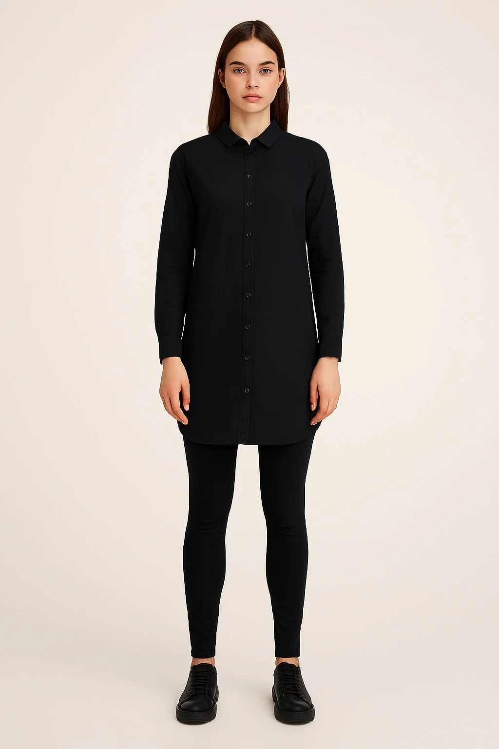 Women Black Cotton Longline Shirt Tunic - Image 2