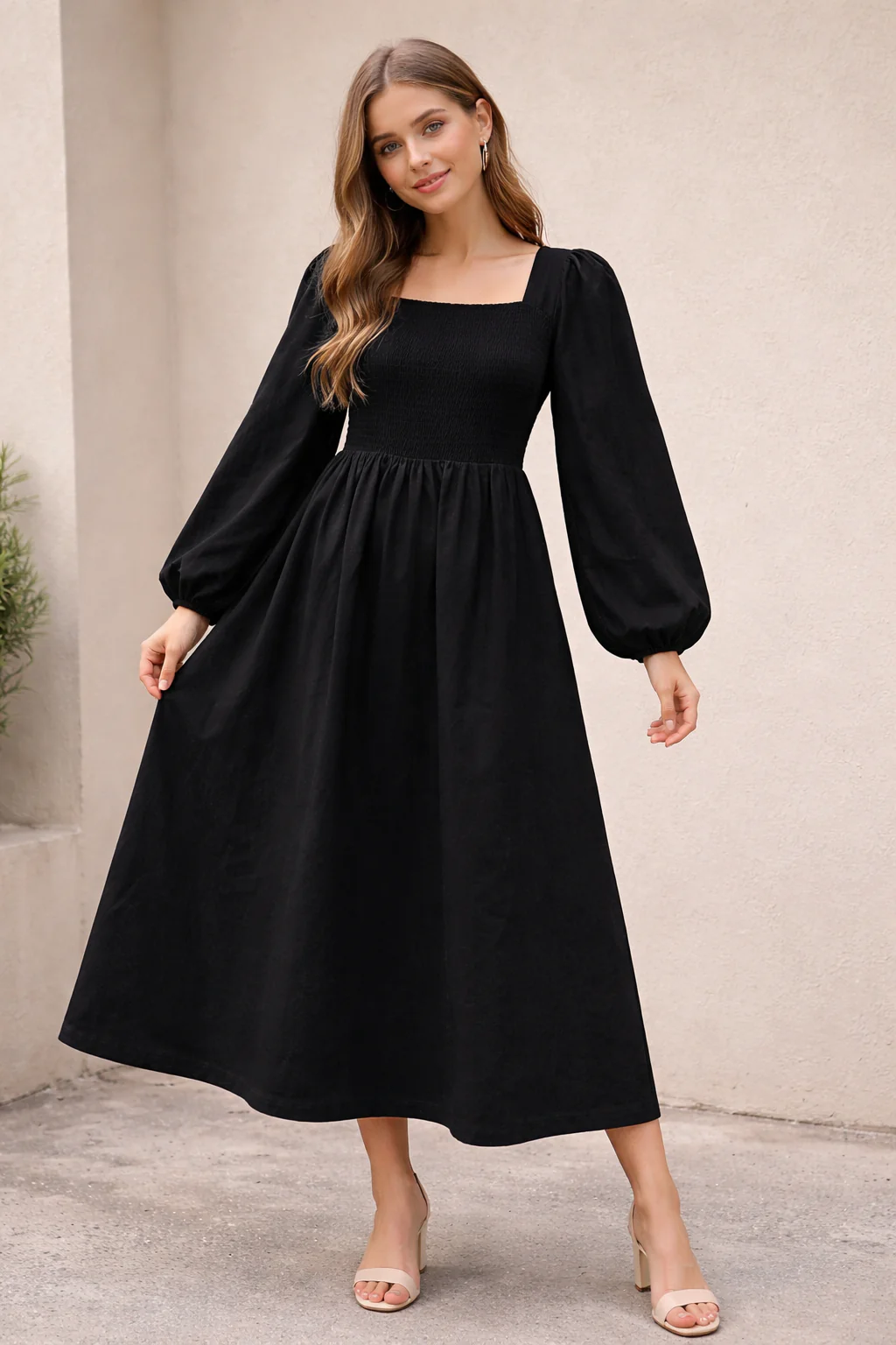 Women Black Cotton Midi Dress