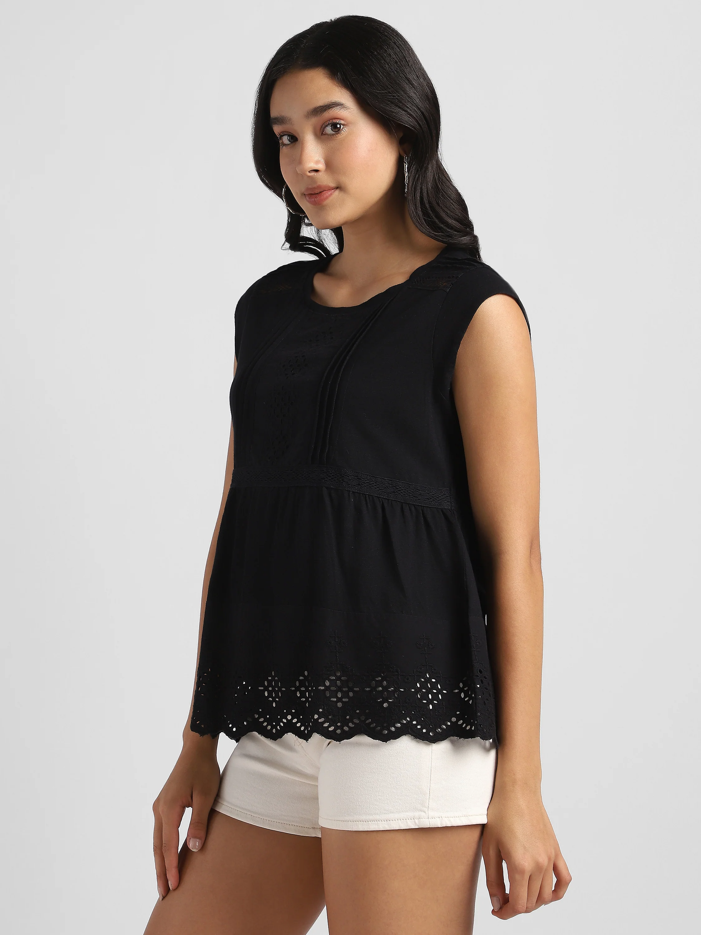 Women Black Embroidered Top with Schiffli Inserts - Image 5