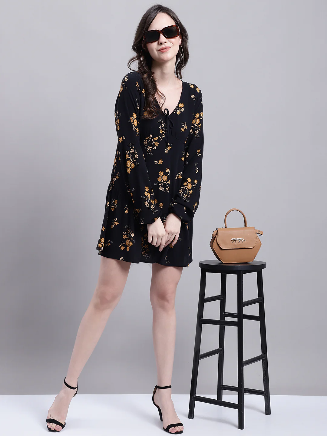 Women Black Floral Skater Dress - Image 3