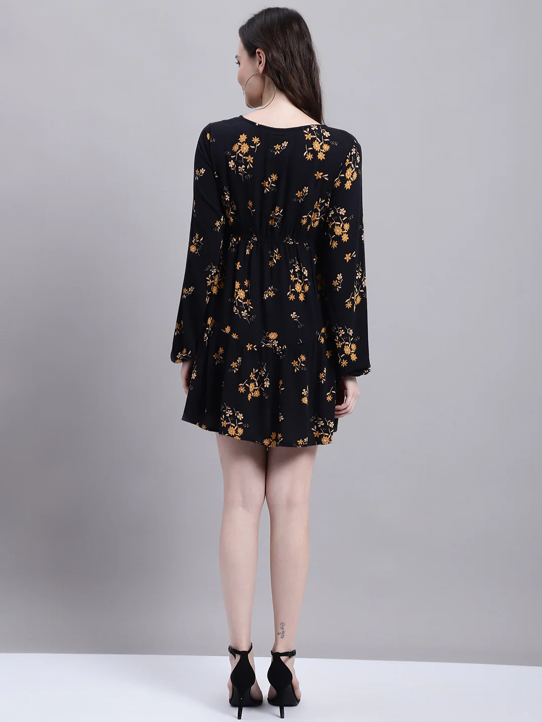 Women Black Floral Skater Dress - Image 4