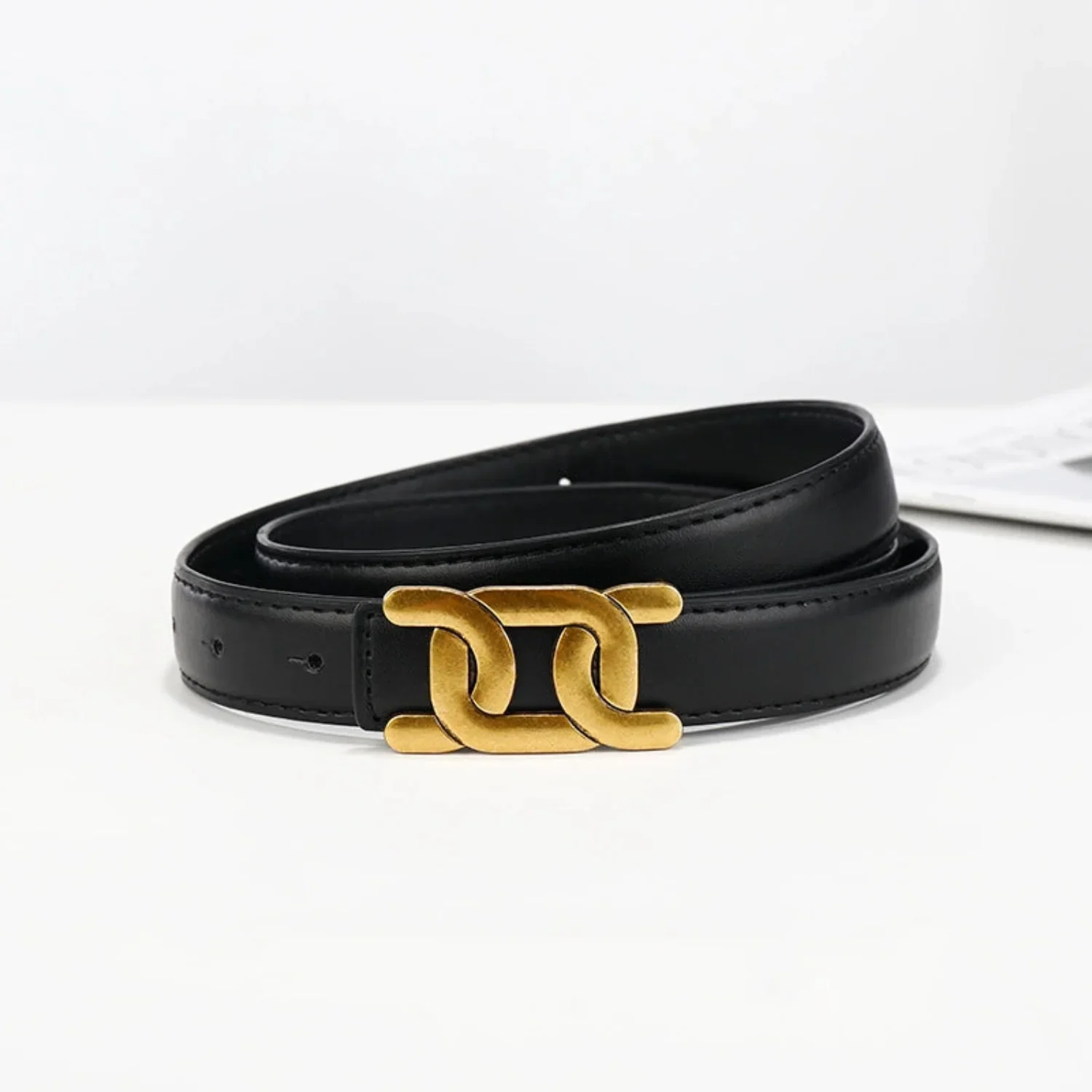 Women Black Gold Link Buckle Black Belt