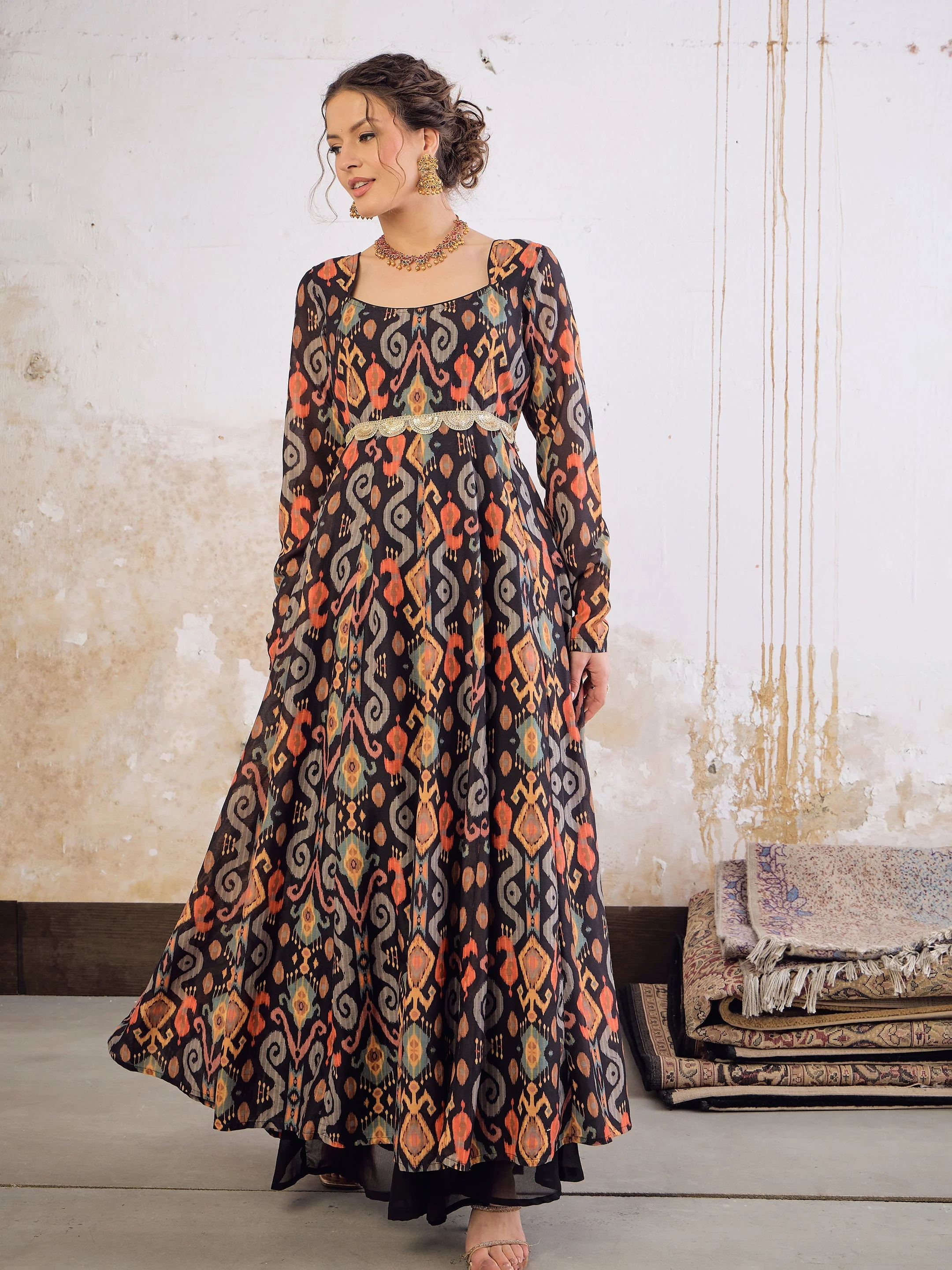 Women Black Ikkat Poly Muslin Anarkali Kurta