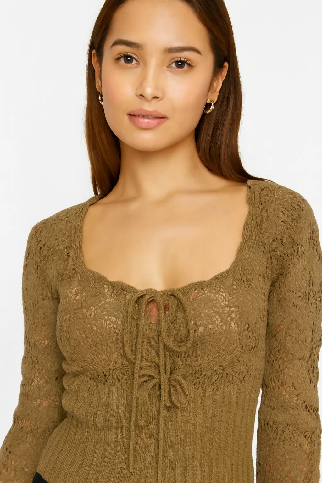 Women Brown Knitted Tie-Front Sweater - Image 3