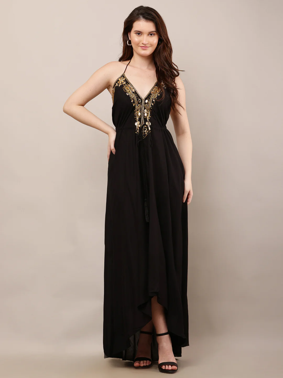 Women Black Maxi Dress with V-Neck Detail