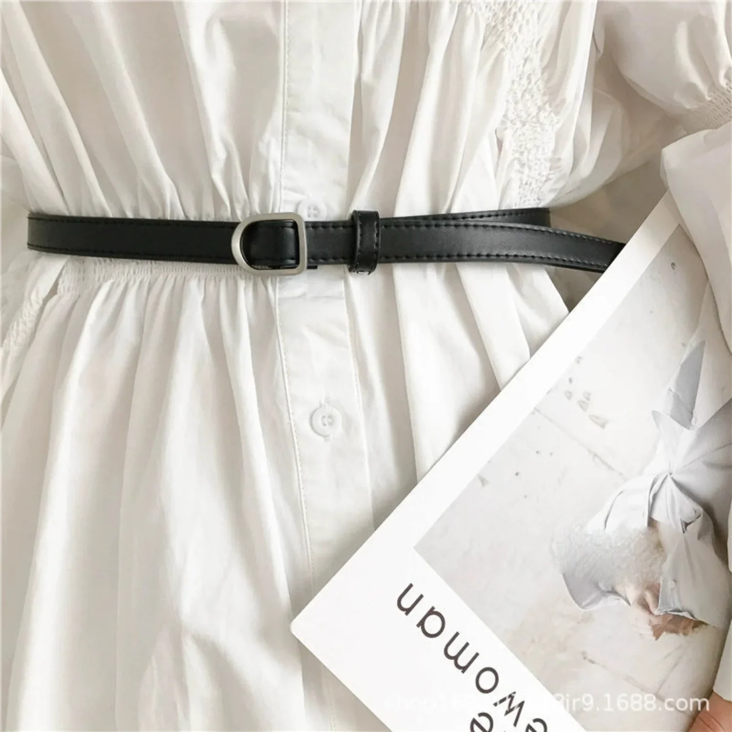 Women Black Minimalist Matte Silver D Buckle Belt