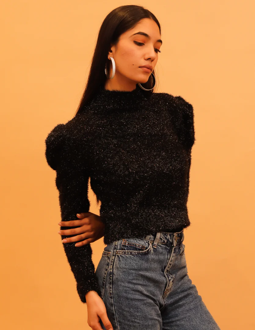 Women Black Mock Neck Glitter - Image 2