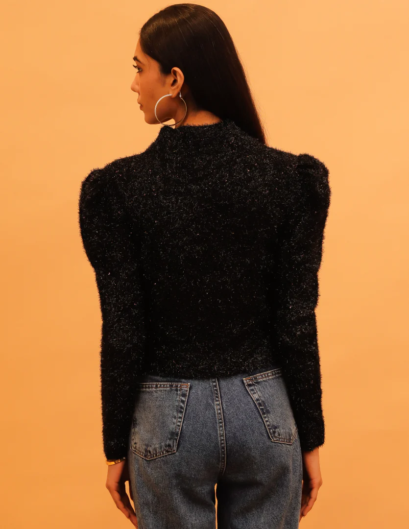 Women Black Mock Neck Glitter - Image 4