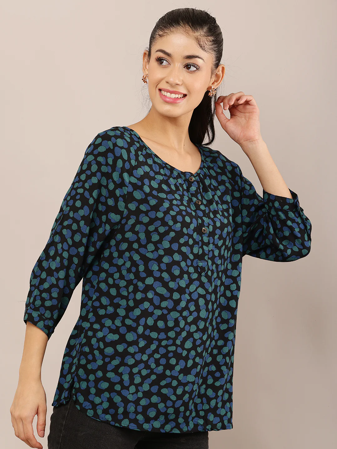 Women Black Polka Dot Viscose Top - Image 2