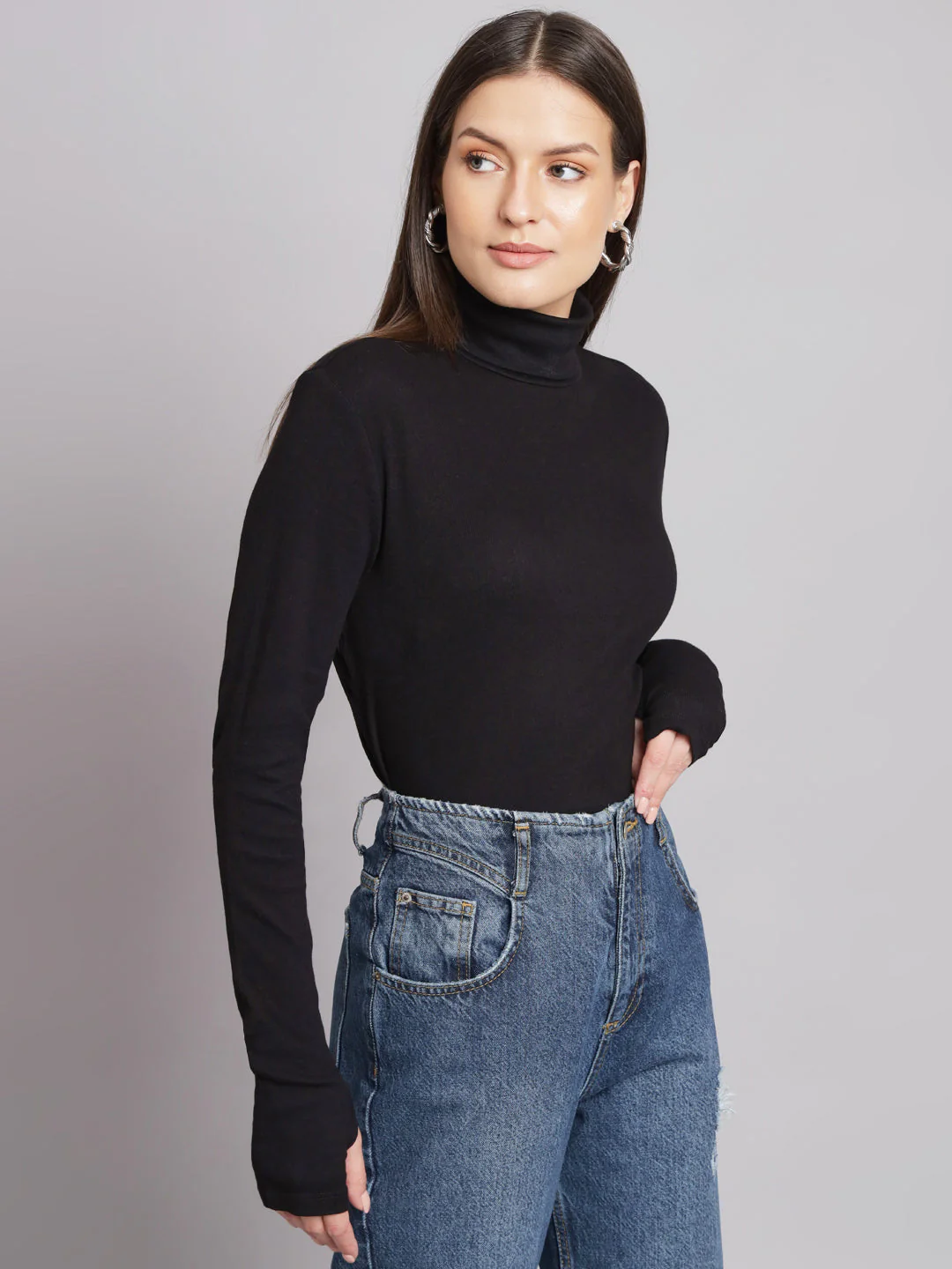 Women Black Polo Neck Top - Image 3