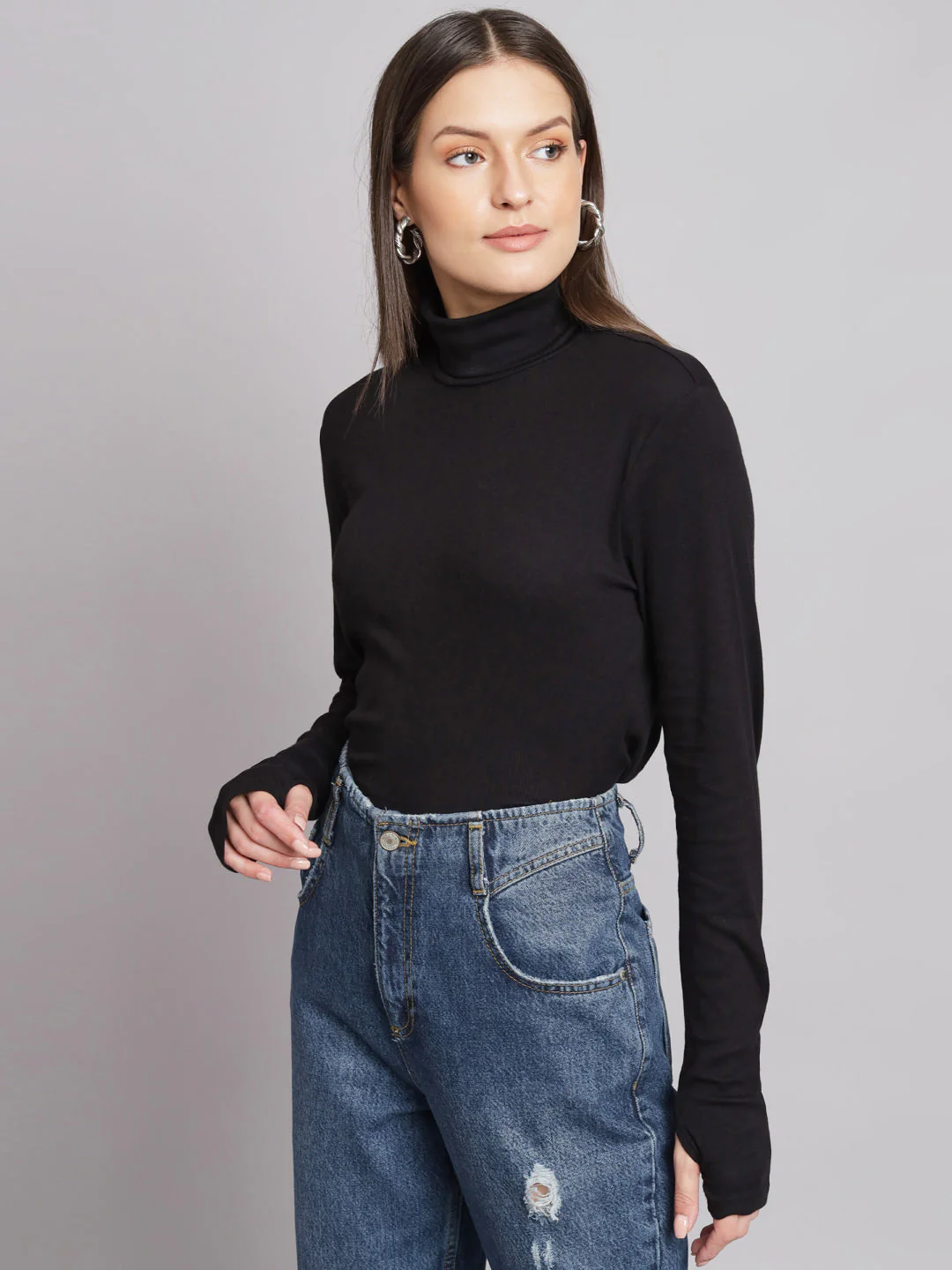 Women Black Polo Neck Top - Image 4