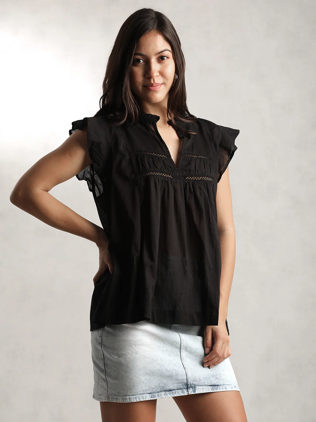 Women Black Mandarin Collar Top