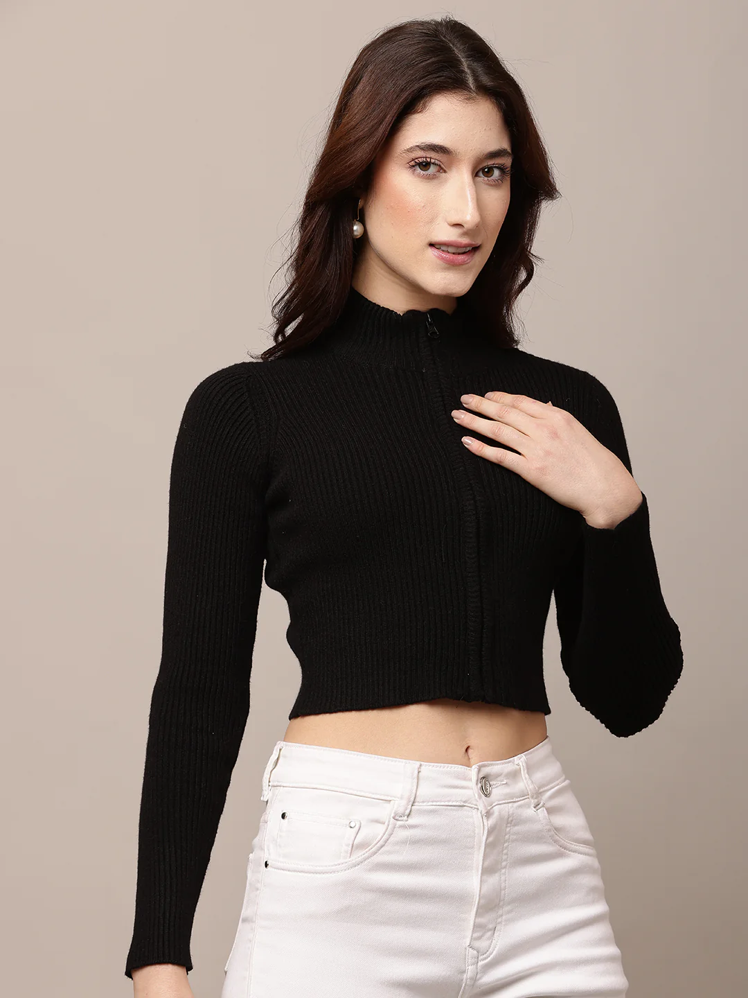 Women Black Rib Zip Turtle Neck Sweater - Image 2