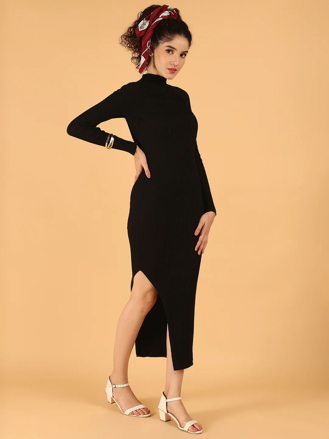 Women Black Ribbed Midi Dress with Turtle Neck - Image 2