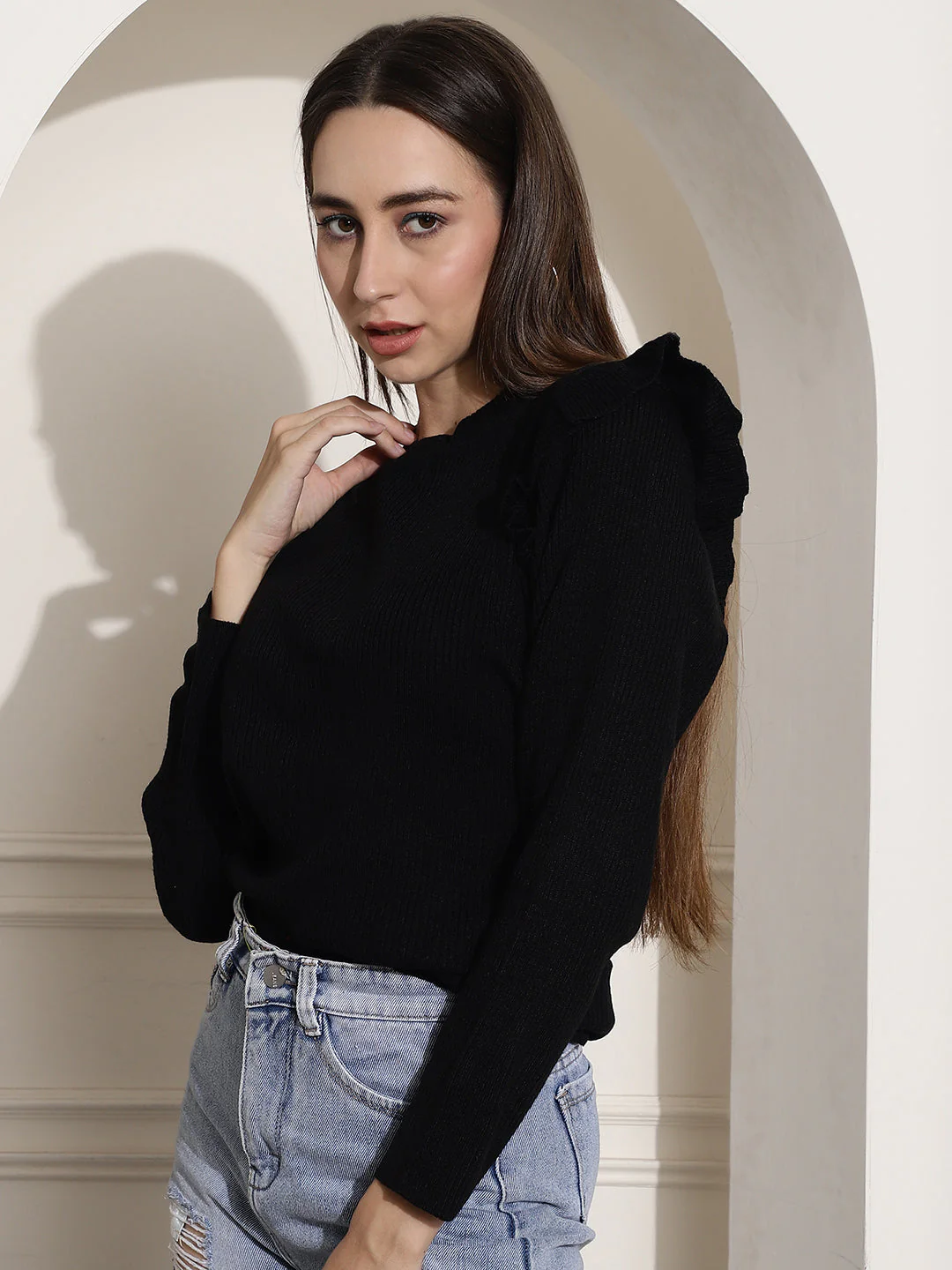 Women Black Ribbed Top With Frills - Image 2