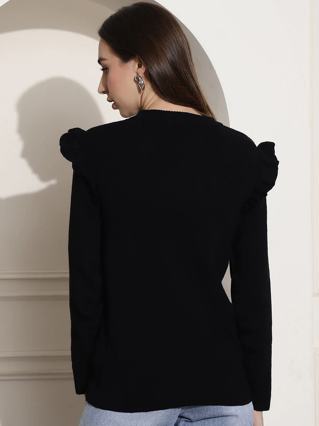 Women Black Ribbed Top With Frills - Image 4