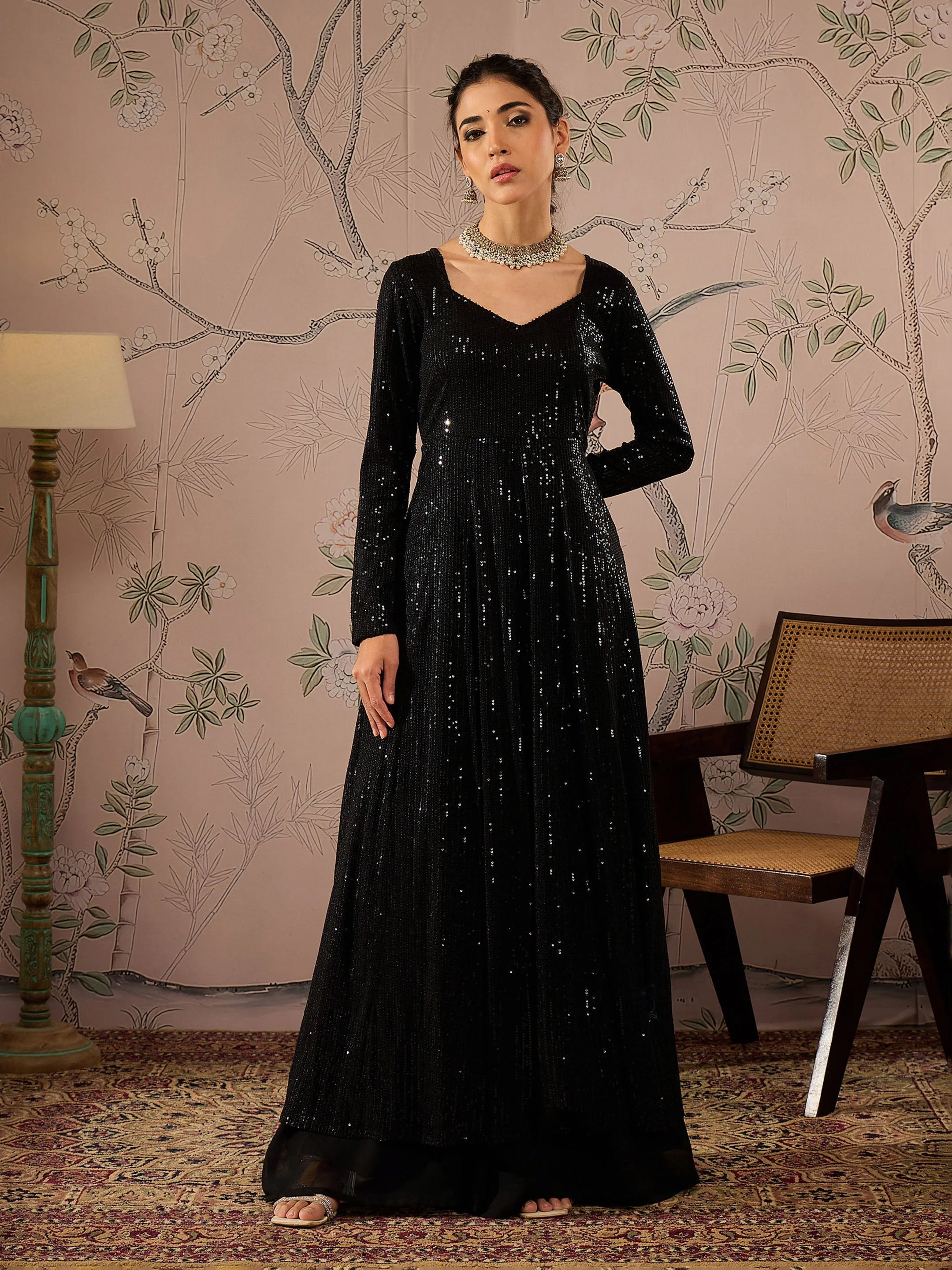 Women Black Sequins Sweetheart Neck Anarkali Kurta