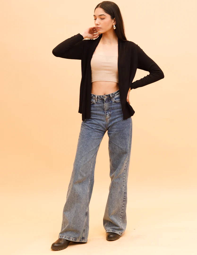 Women Black Shawl Collar Shrug