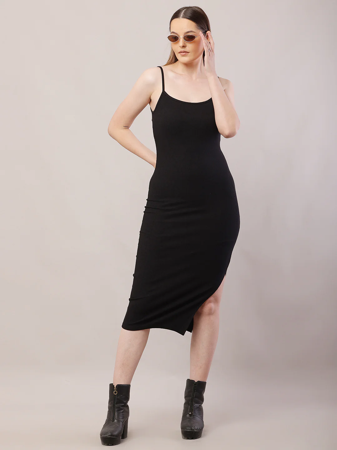 Women Black Shoulder Strap Bodycon Dress