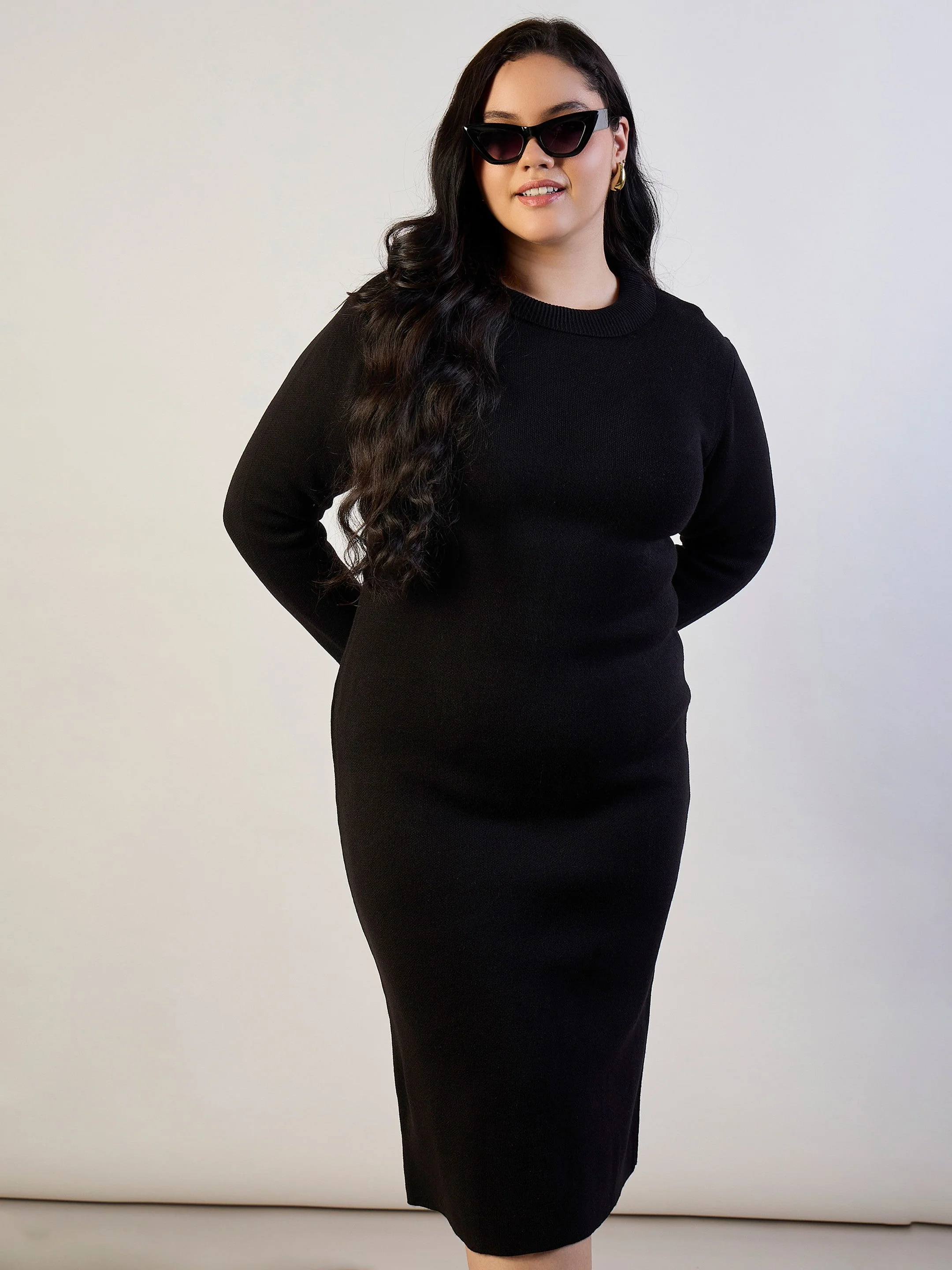 Women Black Solid Acrylic Wool High Neck Midi Dress
