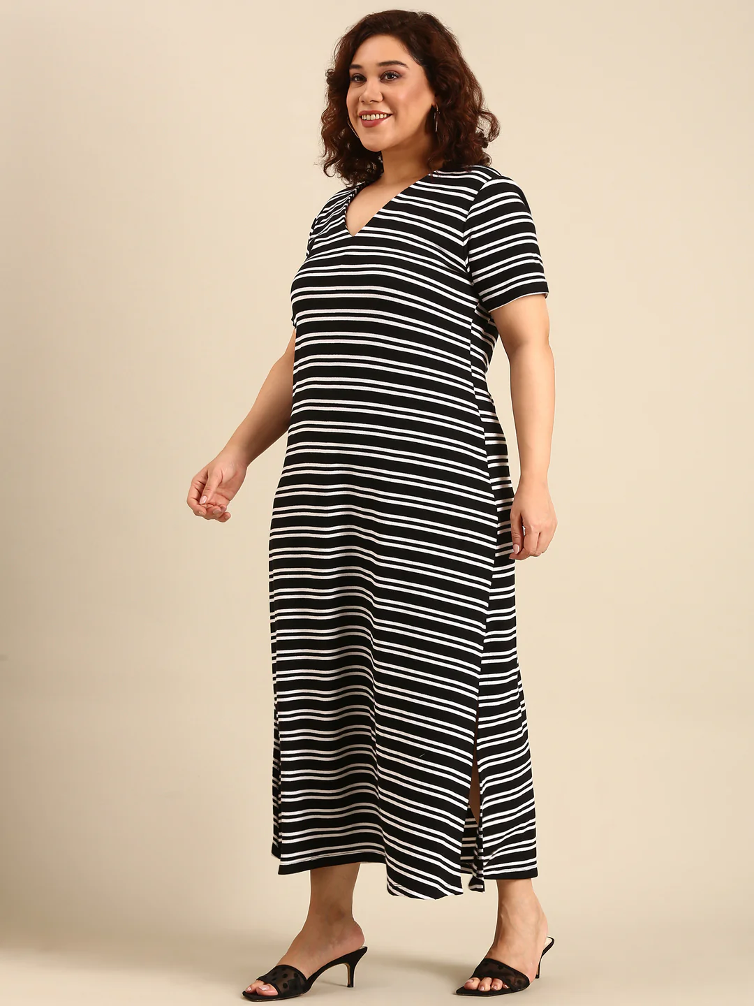 Women Black Striped A-Line Dress - Image 5