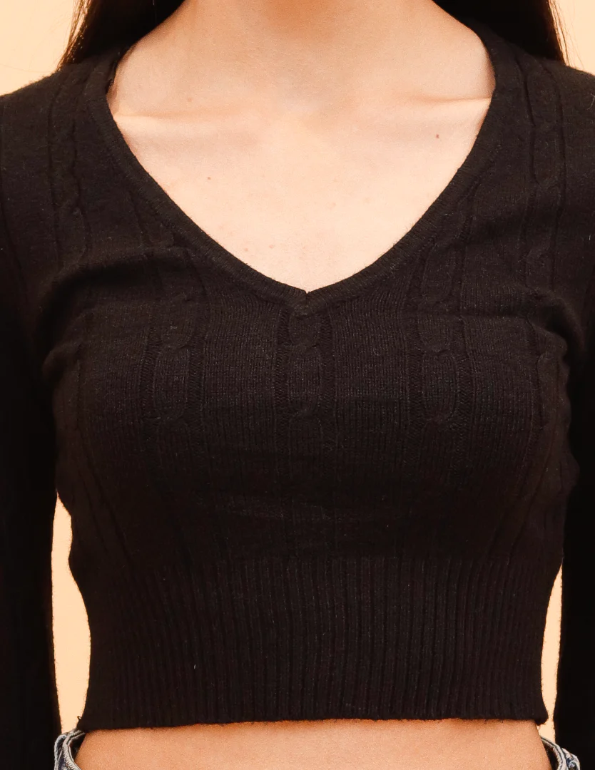 Women Black V Neck Long Sleeve Crop - Image 5