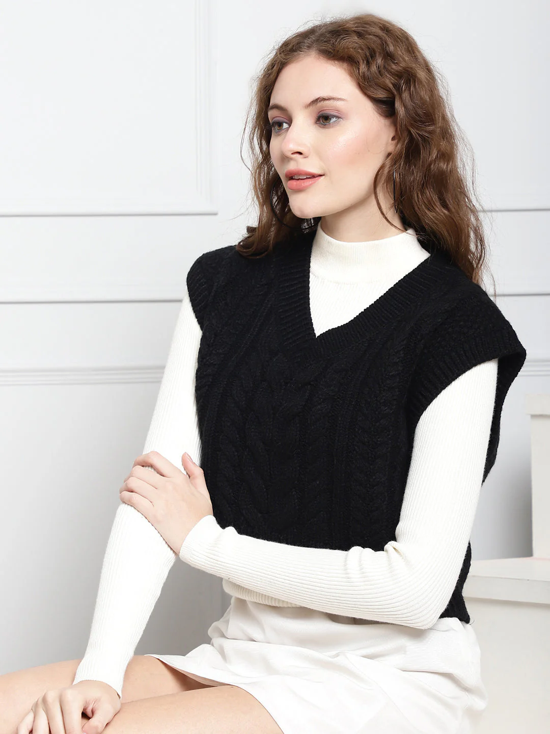 Women Black V Neck Sweater Vest - Image 2