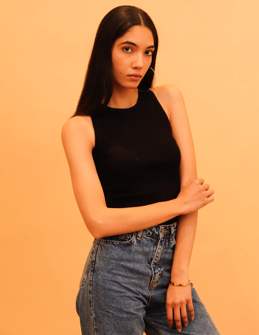 Women Black Viscose Crop Tank - Image 3