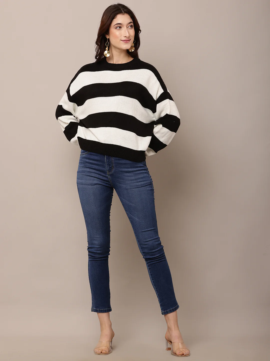 Women Black & White Striped Acrylic Sweater - Image 3