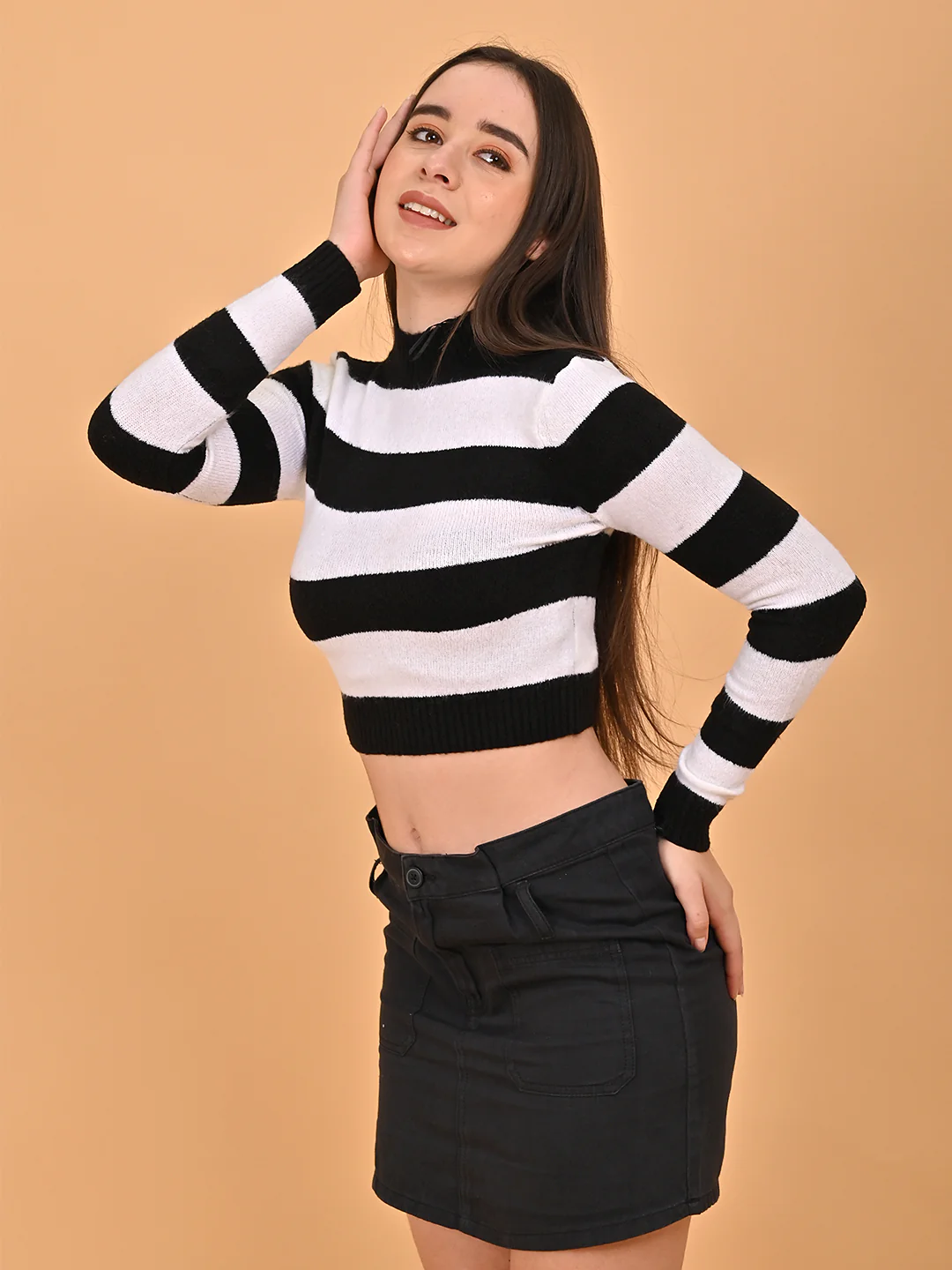 Women Black & White Striped Cropped Sweater - Image 2