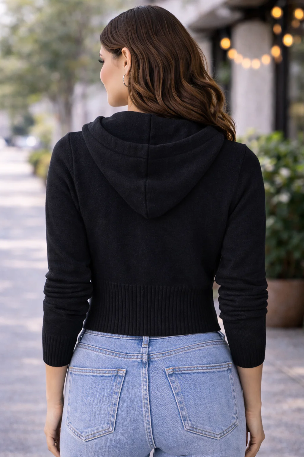 Women Black Zip-Up Hooded Crop Sweatshirt - Image 2