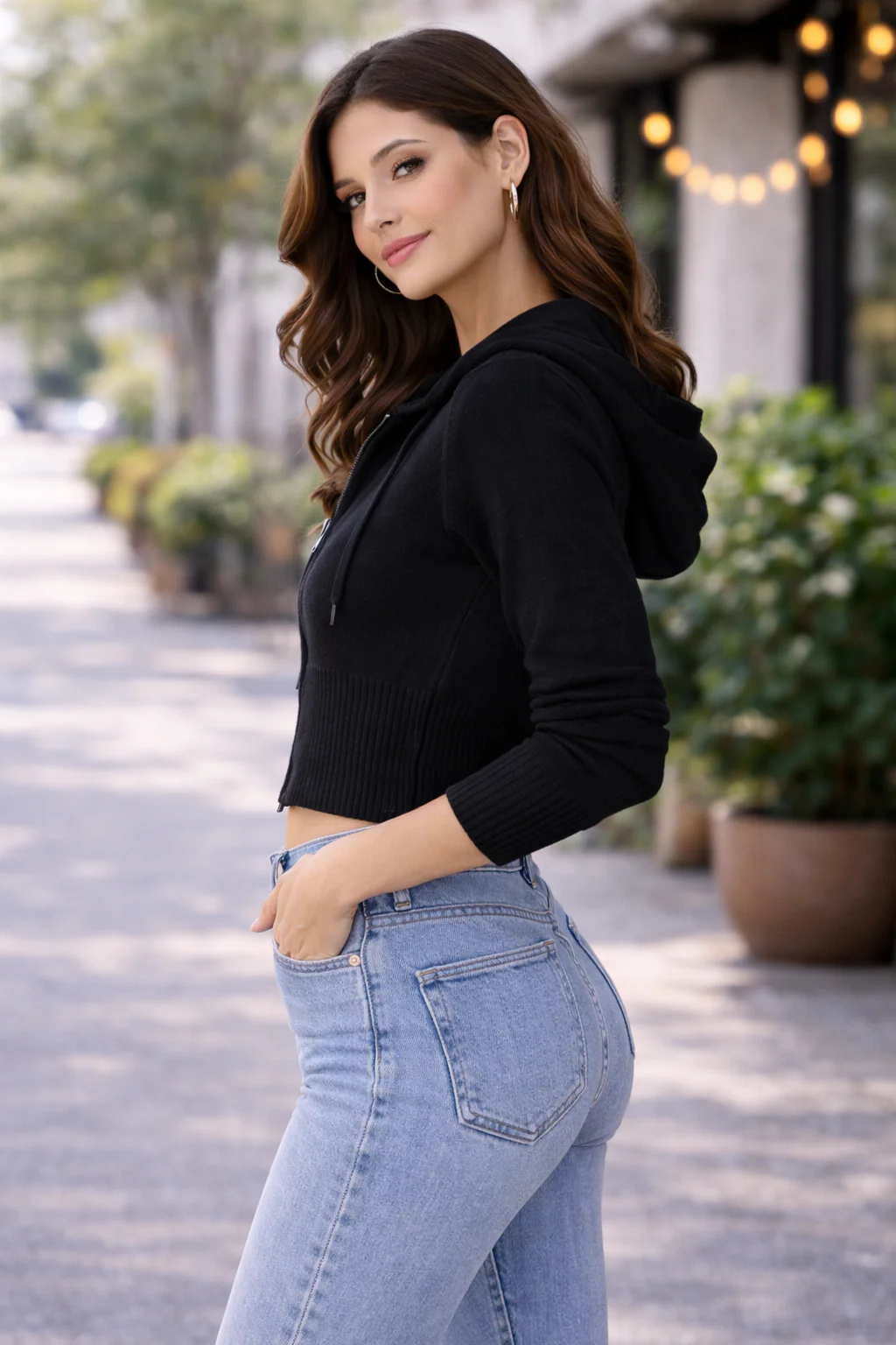 Women Black Zip-Up Hooded Crop Sweatshirt - Image 3