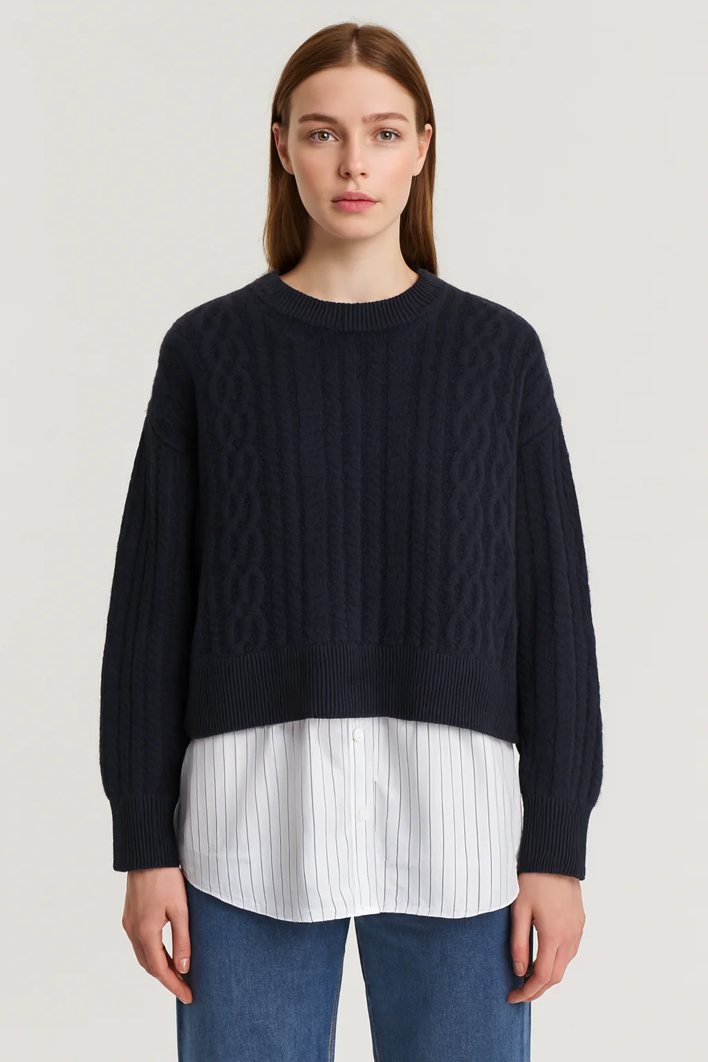 Women Blue Acrylic Layered Cable-Knit Sweater