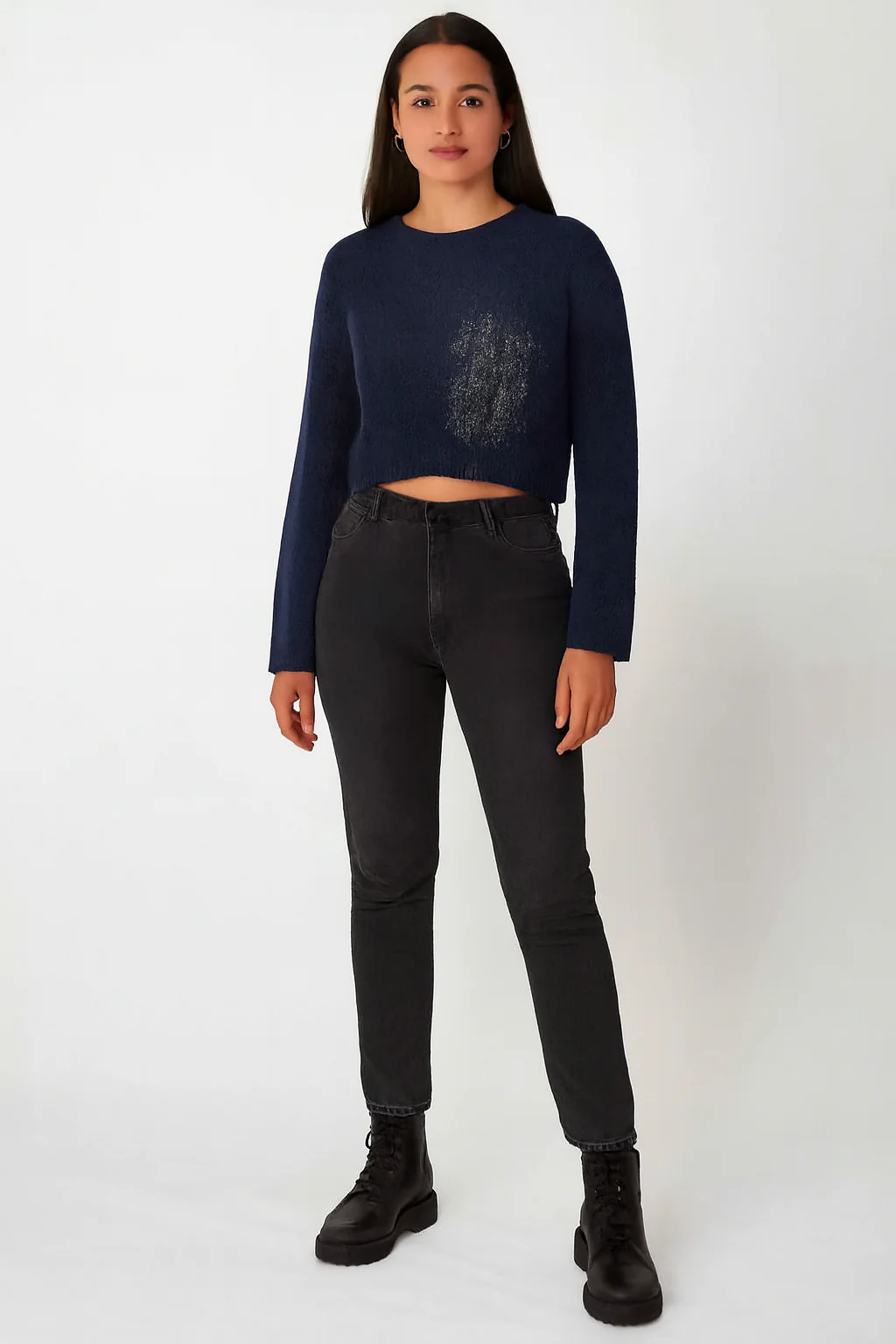 Women Blue Cotton Cropped Sweater - Image 5