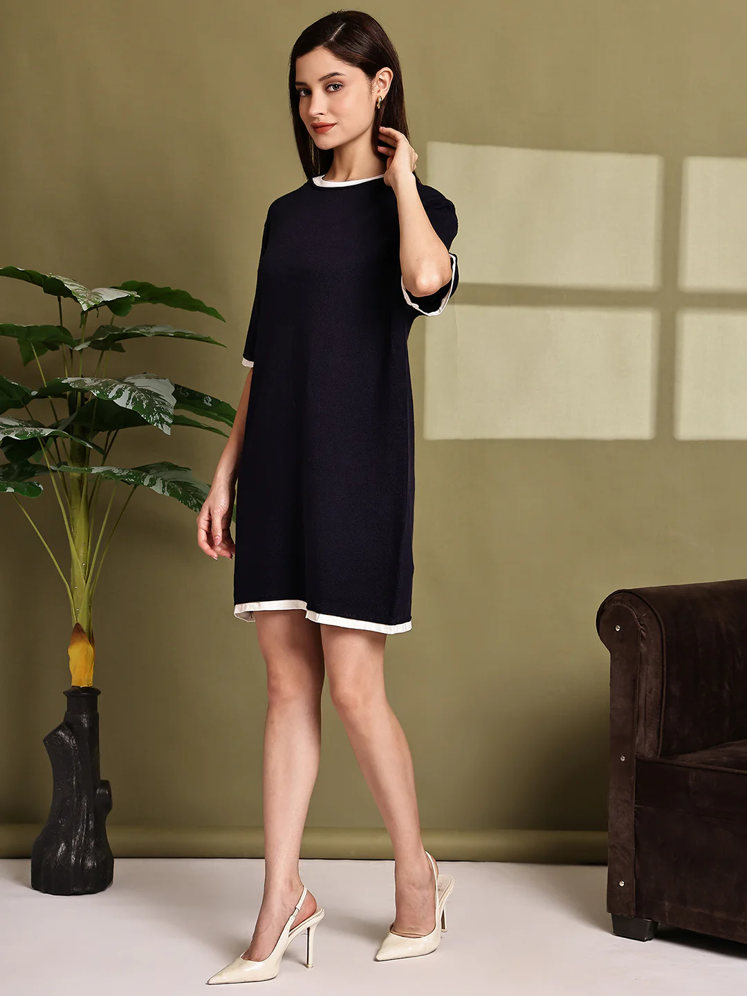 Women Blue Cotton Mini Shift Dress - Image 3