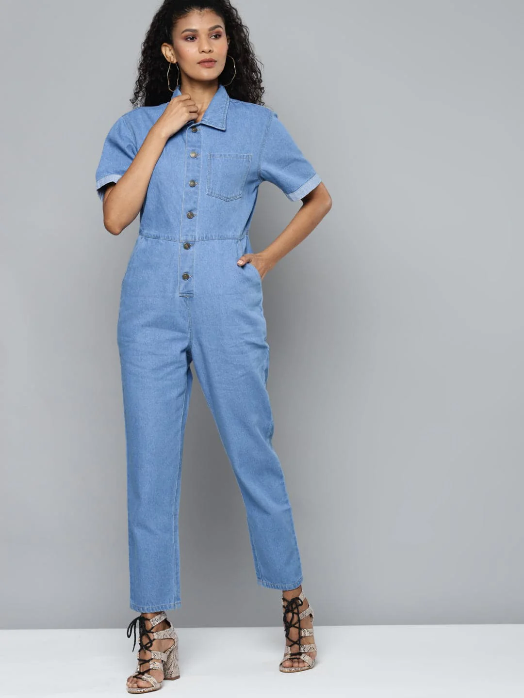 Women Blue Denim Belted Jumpsuit