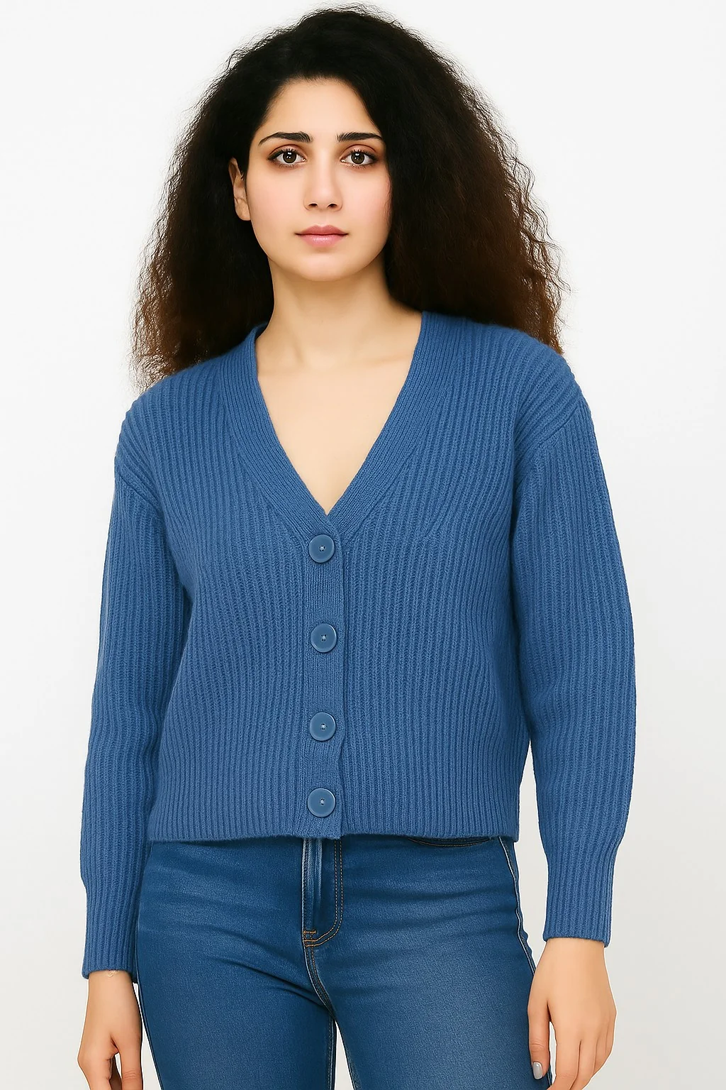 Women Blue Full Sleeve Acrylic Down Shoulder Cardigan - Image 2