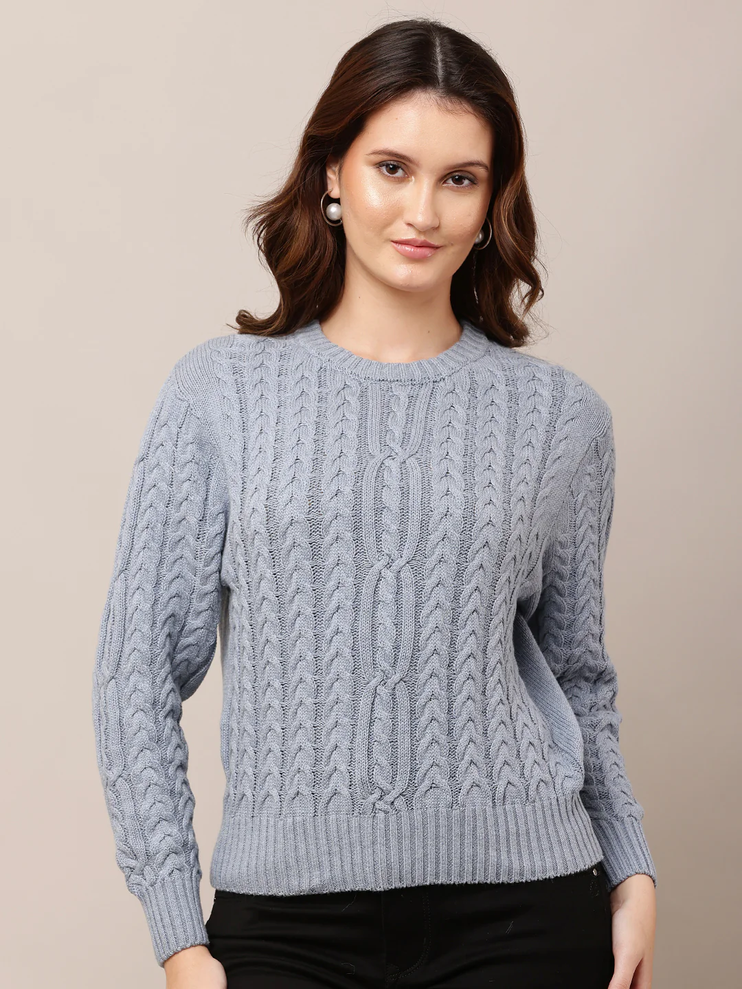 Women Blue Full Sleeve Round Neck Sweater